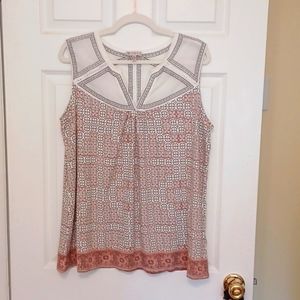 Elaine Rose tunic, sz 1X in cream, rose & brown geometric print with cotton yoke